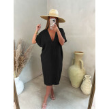 Loose casual resort style solid color pleated cloth V-neck dress