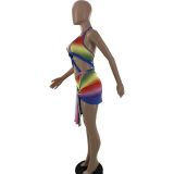 Sexy Rainbow Multicolor Cutout One Piece Bikini Swimsuit Two Piece
