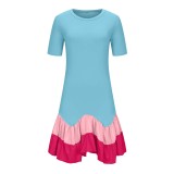 Summer Color Blocking Short Sleeve Pleated Dress