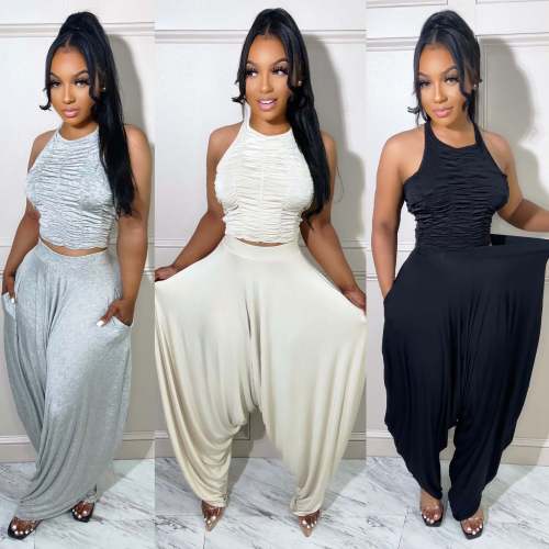 2022 summer casual solid color high waist harem pants two-piece set