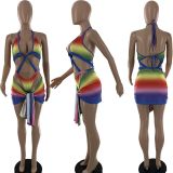 Sexy Rainbow Multicolor Cutout One Piece Bikini Swimsuit Two Piece