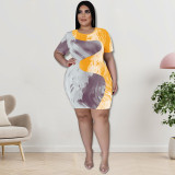 2022 Summer Plus Size Contrast Color Irregular Print Short Sleeve Dress