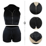 2022 summer solid color open back hooded zipper vest, pocket shorts two-piece set