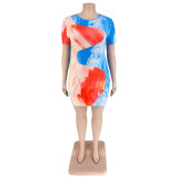 2022 Summer Plus Size Contrast Color Irregular Print Short Sleeve Dress