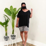 2022 Summer Large size   Casual Slit T-Shirt Leopard Print Shorts Two Piece (Including Mask)
