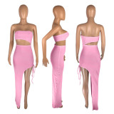 2022 summer sexy solid color pit strip off-shoulder side slit dress