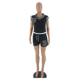 2022 Summer Sleeveless Thread Short Sleeve Shorts Sports Solid Color Elastic B Embroidered Two-piece Set