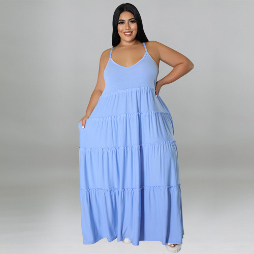 2022 summer plus size stitching solid color large swing dress