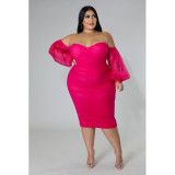 Plus Size Tight Mesh Pleated Long Sleeve Dress One Step Skirt