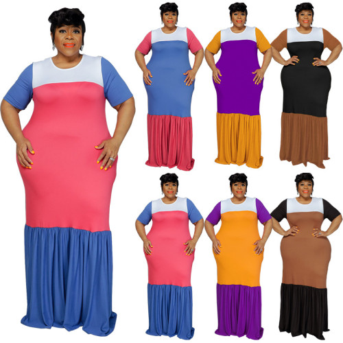 Plus Size Round Neck Multicolor Patchwork Swing Dress