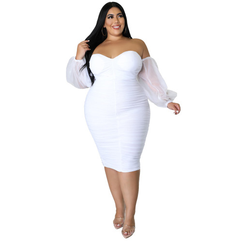 Plus Size Tight Mesh Pleated Long Sleeve Dress One Step Skirt