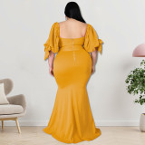 2022 summer plus size willow leaf edge puff sleeves slit large swing dress