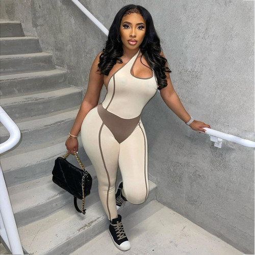 2022 Street Sports Style Contrast Color One Shoulder Hollow Out Irregular Tight Casual Jumpsuit Trousers