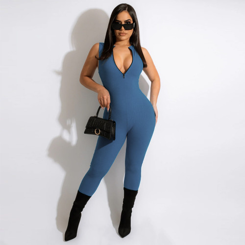 Zip Solid Sleeveless Jumpsuit   (Pre-order delivery within 10 days)