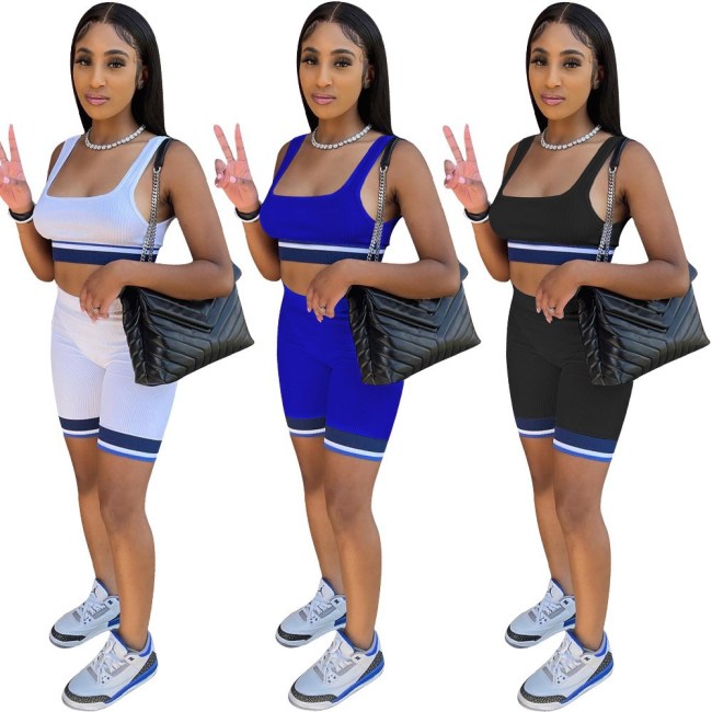 Spring and summer solid color leisure pit strip super elastic sports two-piece set