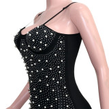 Summer sexy backless suspender beaded dress with chest pad