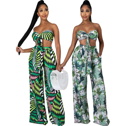 Printed chest wrap stitching two-piece set