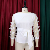 2022 summer mesh stitching lace up bow plus size shirt