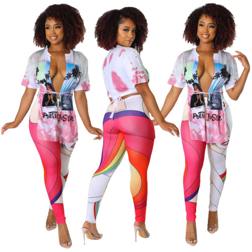 2022 summer hip-hop street fringed lace-up T-shirt printed trousers two-piece set