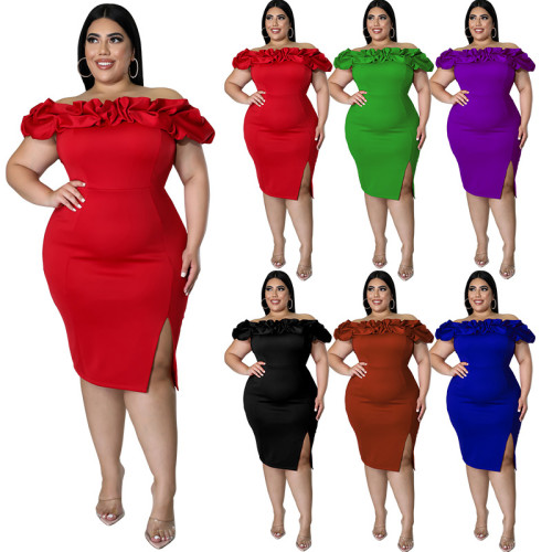 2022 summer plus size sexy lotus leaf pile collar package hip dress