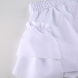 2022 summer solid color design sense lace  up  lace stitching wide leg shorts