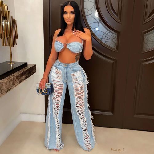 Casual tube top halter hole tassel denim two-piece suit