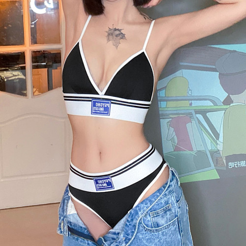 2022 summer white edge contrast stripe letter print triangle cup sports underwear two-piece set