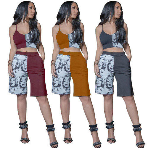 2022 Summer Sexy Colorblock Sling Print Loose Wide Leg Two-piece Set