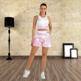 2022 Summer Casual Sports Tank Top Shorts Printed Two Piece Set