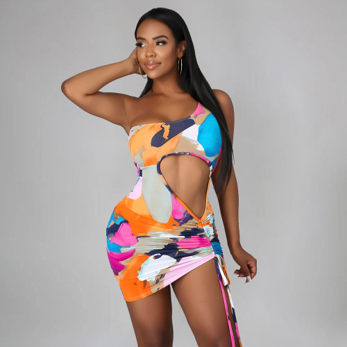 2022 Multicolor Print Drawstring Crop Sexy Dress