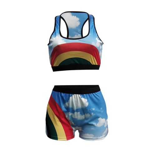 Summer Rainbow Print Cropped Navel Sling Slim Shorts Two-Piece Set