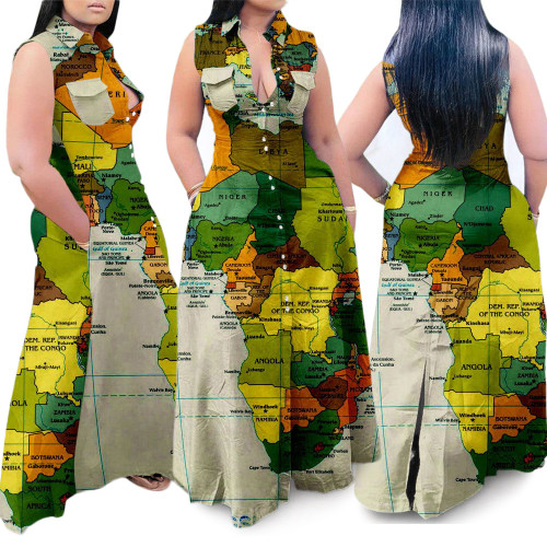 Summer 2022 Plus Size Casual Map Print Sleeveless Lapel Shirt Long Dress
