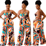 2022 summer plus size tube top Backless printed wide leg jumpsuit