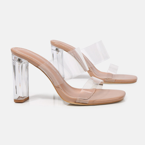 2022 summer one word with transparent block heel crystal high heel sandals