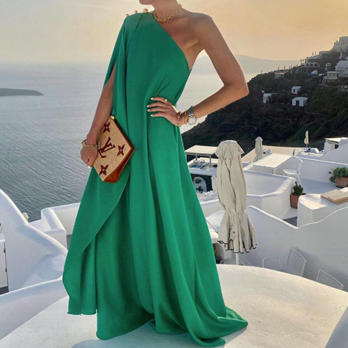 2022 Summer Temperament Solid Color French Loose One-shoulder Long Dress