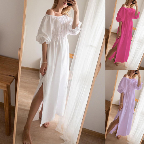 2022 summer and autumn one word neck loose bohemian cotton and linen dress