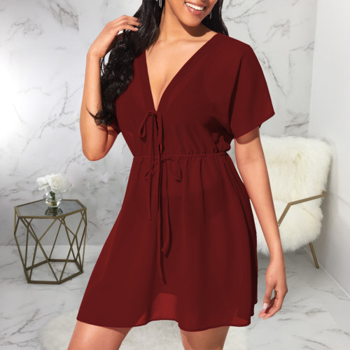 Summer sexy solid color V-neck chiffon dress