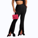 Plus Size High Waist Nipped Waist Solid Color Flared Slit Pants