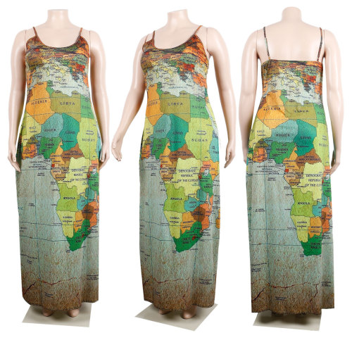 Summer Autumn Large Size Sexy Sling Loose Map Print Dress