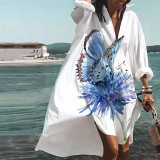 Summer 2022 Loose Lapel Long Sleeve Boho Print Dress