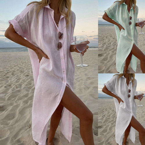 2022 ins style solid color casual long sleeve mid length cotton linen shirt dress