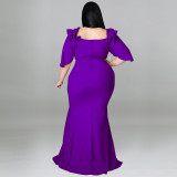 Summer Plus Size Sexy Ruffle Sleeve Hip Pack Backless Dress