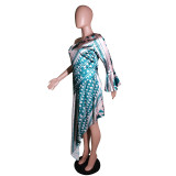 One-shoulder dolman-sleeve one-sided hem totem print maxi dress