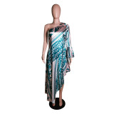 One-shoulder dolman-sleeve one-sided hem totem print maxi dress