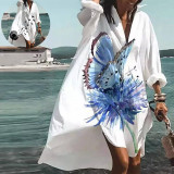 Summer 2022 Loose Lapel Long Sleeve Boho Print Dress