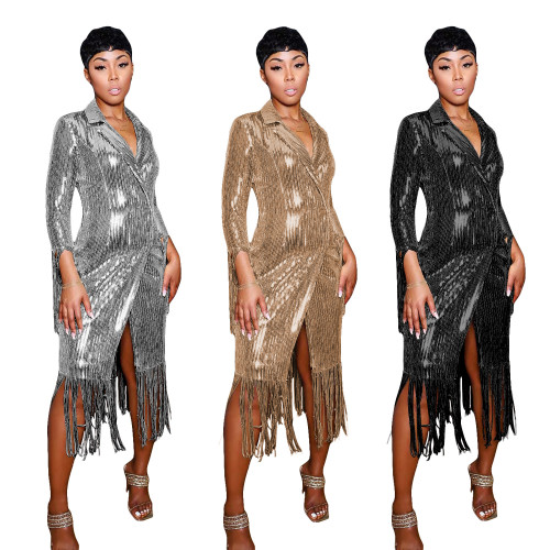 2022 casual solid fringed sequined long coat
