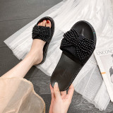 2022 spring and summer one-word drag pearl bow flat sandals and slippers sweet lady style thick bottom
