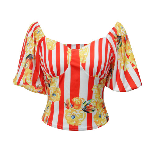 Summer Slim Sexy Yellow Printed Red Striped Puff Sleeve Top
