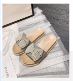 2022 spring and summer one-word drag pearl bow flat sandals and slippers sweet lady style thick bottom
