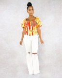 Summer Slim Sexy Yellow Printed Red Striped Puff Sleeve Top